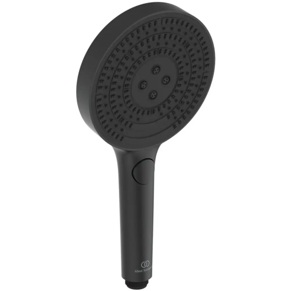 Schwarze Duschbrause mit runder Kopfplatte und langer Halterung. Die Oberfläche hat ein einfaches Design. Gefertigt von Ideal Standard.